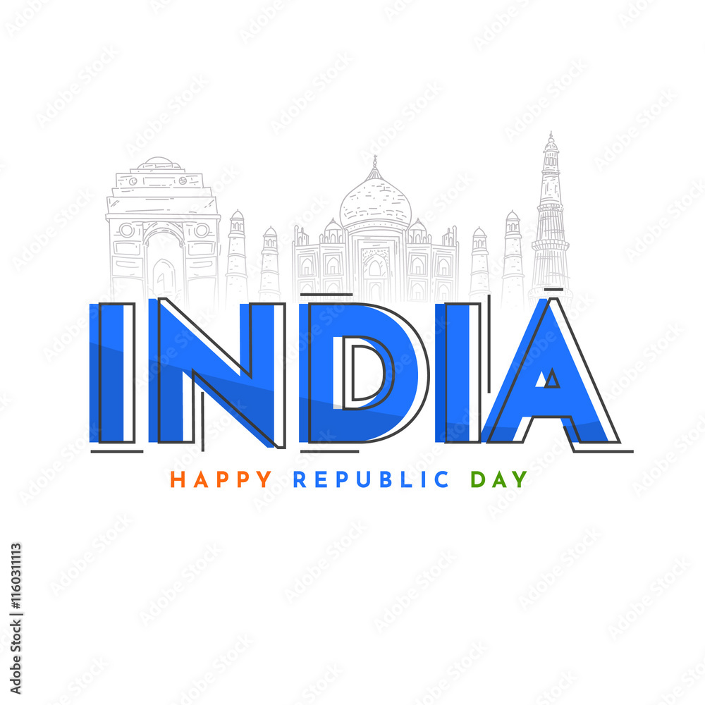 Φωτογραφία India Happy Republic Day Poster Design with Sketching Famous Monuments on Png Background