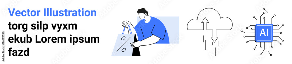 Man purchasing goods online, cloud synchronization, and AI chip technology. Ideal for digital marketing, e-commerce, tech innovation, cloud computing, AI development, educational content and user Man purchasing goods online, cloud synchronization, and AI chip technology. Ideal for digital marketing, e-commerce, tech innovation, cloud computing, AI development, educational content and user