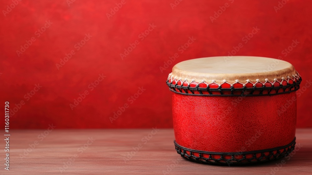 Chinese new year reunion concept. Drum on wooden surface with a vibrant red background. Chinese new year reunion concept. Drum on wooden surface with a vibrant red background.
