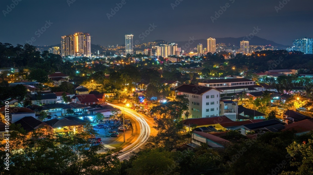 Fototapeta premium Night cityscape panorama showing city lights, buildings, roads, and trees.