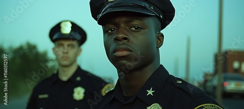 African American Black Police officer. Enforcement city authority security. Vintage retro scene. Generative AI technology.	
