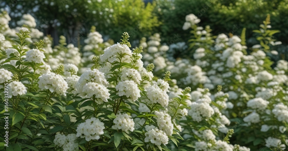 Vibrant white spirea blossoms standing out in garden, close-up, vibrant, nature, plant Vibrant white spirea blossoms standing out in garden, close-up, vibrant, nature, plant