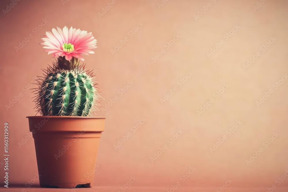 A close-up of a small green cactus with soft spines and a vivid pink flower, placed in a terracotta pot. A close-up of a small green cactus with soft spines and a vivid pink flower, placed in a terracotta pot.