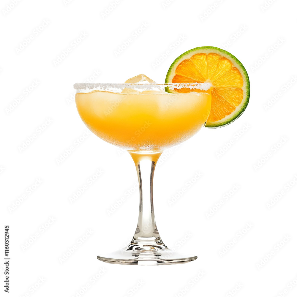 Extreme front view of a perfect looking hyper-realistic Apricot Margarita tequila cocktail drink isolated on a white transparent background Extreme front view of a perfect looking hyper-realistic Apricot Margarita tequila cocktail drink isolated on a white transparent background