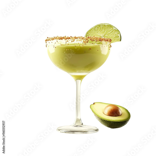 Extreme front view of a perfect looking hyper-realistic Avocado Margarita tequila cocktail drink isolated on a white transparent background