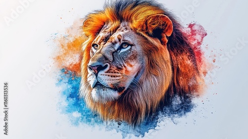 Majestic lion portrait with vibrant watercolor splash. photo