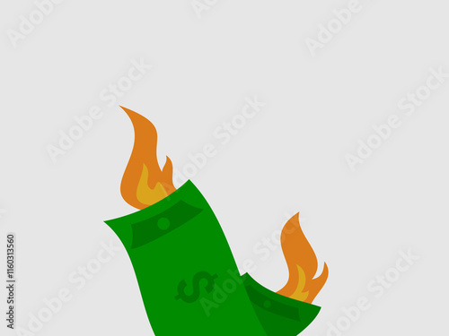 Orange and yellow flames are seen burning the top of the banknote
