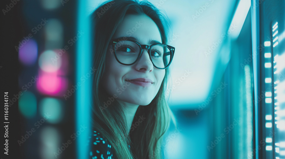 Obraz premium Young woman working at modern data center.