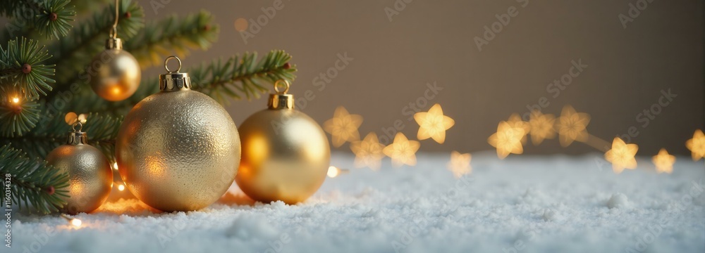 Fototapeta premium Close-up of gold Christmas tree ornaments and pine needles on snow with star shaped bokeh lights, festive holiday background concept.