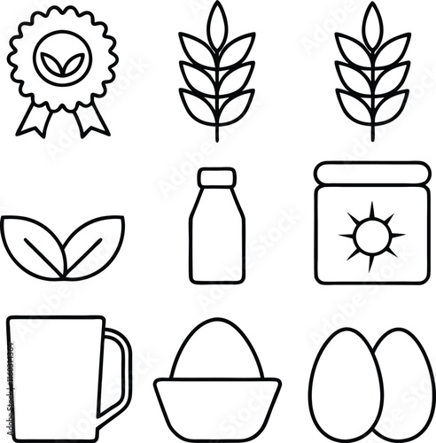 Organic Food Icons Quality, Wheat, Milk, Eggs, and Leaves