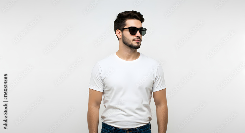 Stylish Man Wearing Black Sunglasses White TShirt Studio Shot Stylish Man Wearing Black Sunglasses White TShirt Studio Shot