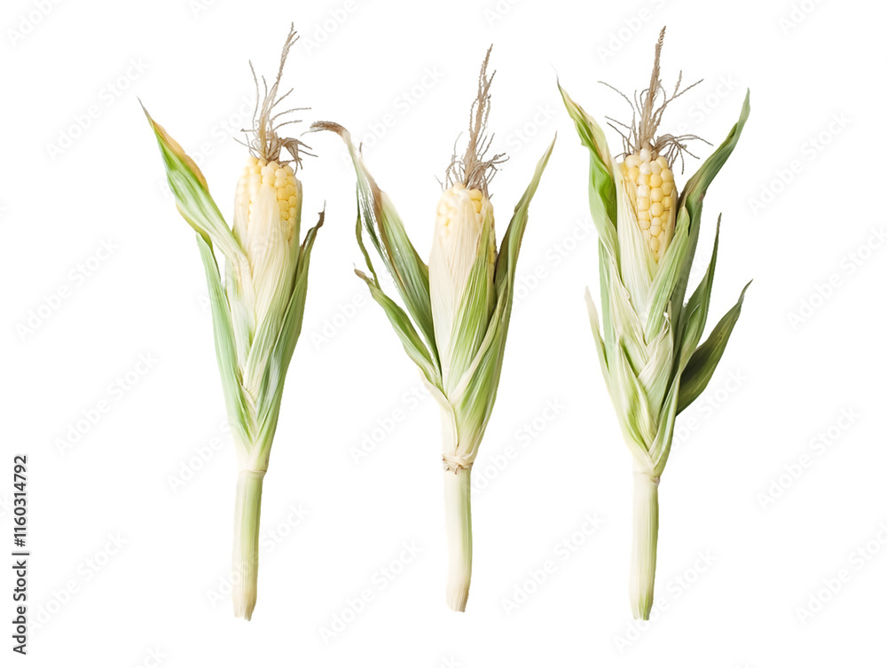 Fototapeta premium Three Ears of Immature Corn Isolated On A White Background, PNG Transparent