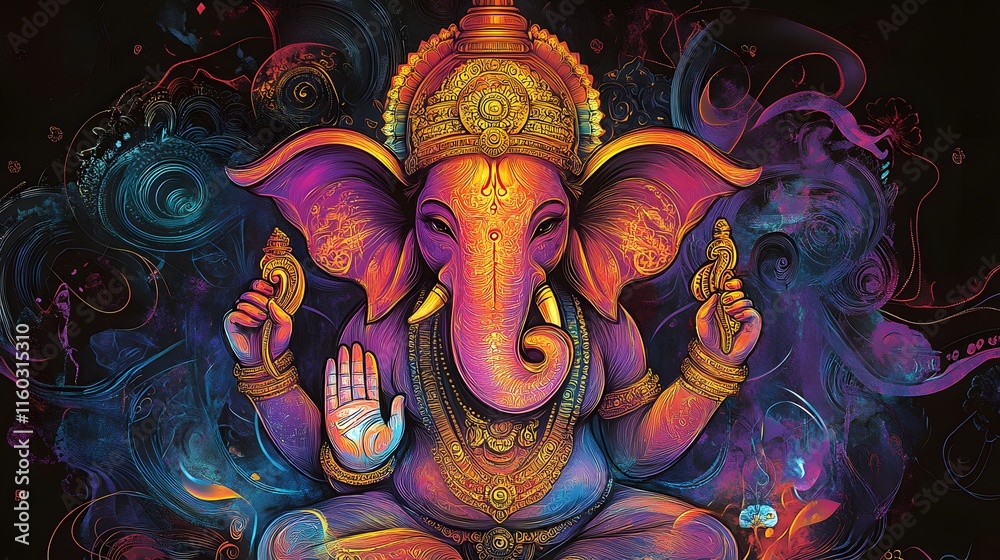 Naklejka premium Ganesha ornate jewelry holds objects floral background.
