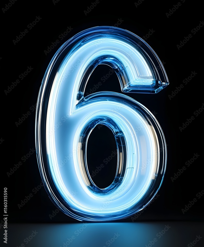 Glowing Glass Number Six with Blue Outline on Black Background Glowing Glass Number Six with Blue Outline on Black Background