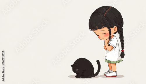 Girl is standing next to a black cat