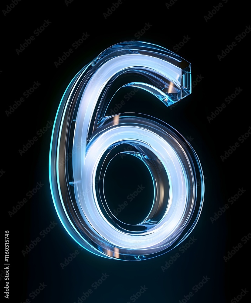 Glowing Glass Number 6 with Blue Outline on Black Background in Studio Lighting Glowing Glass Number 6 with Blue Outline on Black Background in Studio Lighting