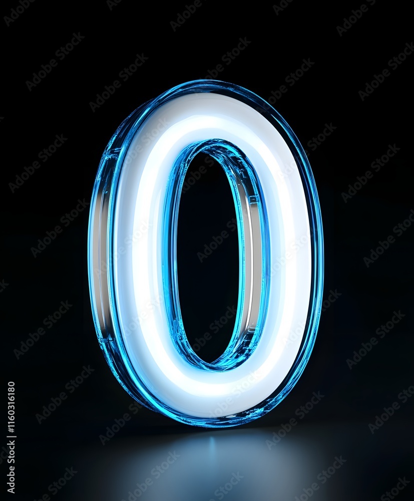 Glowing Glass Number Zero with Blue Outline on Black Background Glowing Glass Number Zero with Blue Outline on Black Background