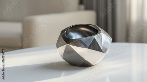 A bold metal paperweight with a geometric design, resting on a pristine white surface.