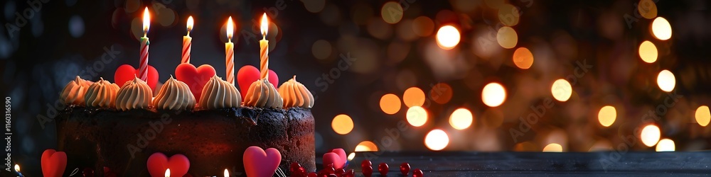 Birthday cake with candles and heart-shaped decorations on a dark backdrop, bokeh lights adding a festive touch. Great for banners with text space. Birthday cake with candles and heart-shaped decorations on a dark backdrop, bokeh lights adding a festive touch. Great for banners with text space.