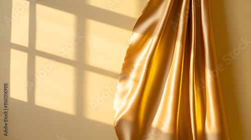 Wallpaper Mural Sunlit golden silk fabric on a yellow wall near window. background backdrop banner image with window for online presentations and zoom meetings idea for copy space Torontodigital.ca