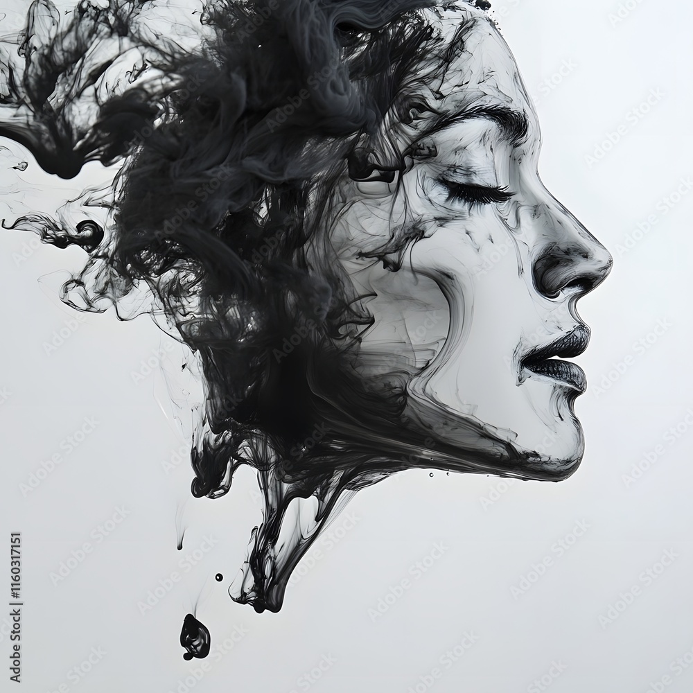 Fototapeta premium Enigmatic Feminine Face Formed by Ink Droplets in Flowing Water
