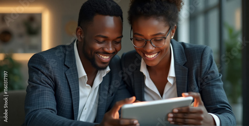  A mid shot of two happy African professional business team members actively engaged in a collaborative task, using a digital tablet in a modern, well-lit office environment