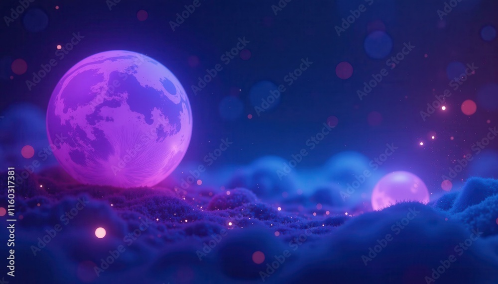 Obraz premium Luminous magenta planet with textured surface hovers above a sea of clouds under a dark purple sky with other smaller orbs, concept of cosmic landscape