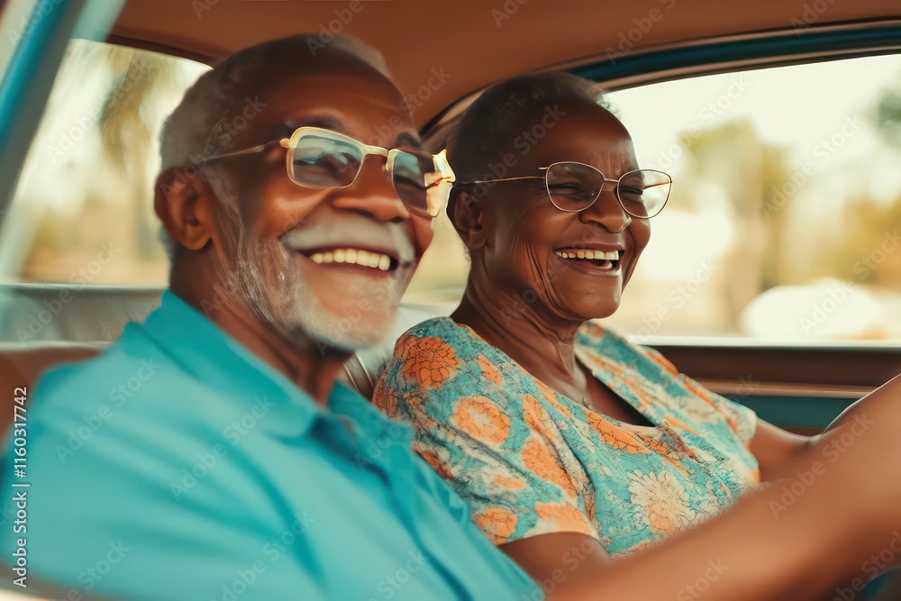 A close-up of an elderly couple happily driving in their car, both smiling as they enjoy a peaceful ride together. A close-up of an elderly couple happily driving in their car, both smiling as they enjoy a peaceful ride together.
