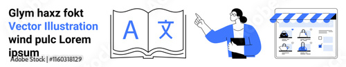 Woman pointing to characters in an open book, online platform window with profiles. Ideal for education, language learning, e-learning, teaching, online courses, digital classrooms, virtual training