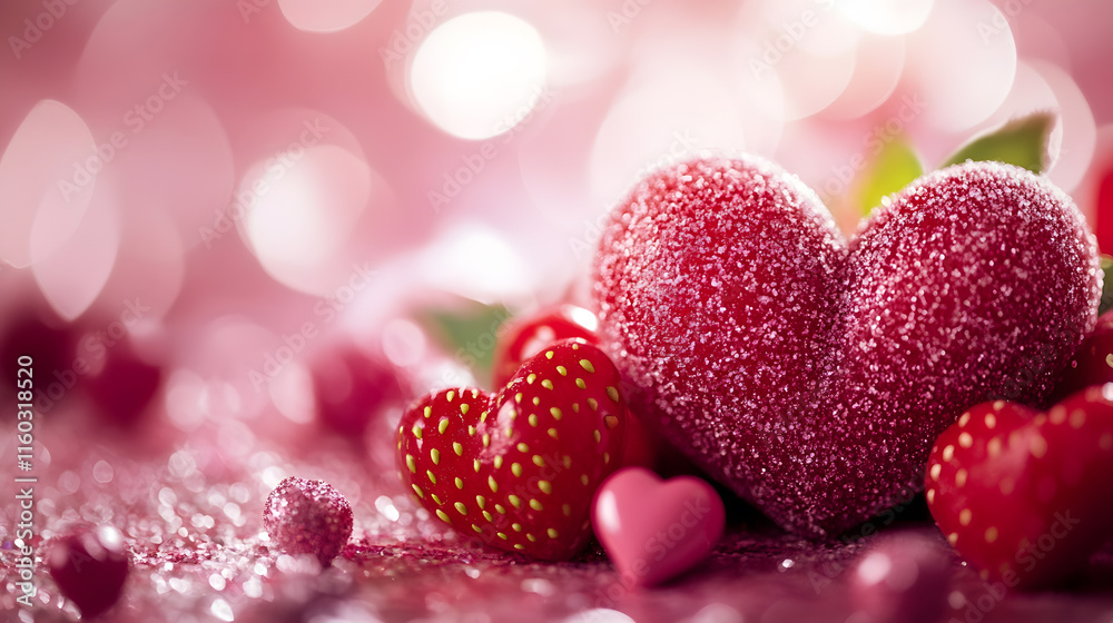 Obraz premium Close Up of Sugared Heart Shaped Jelly Sweets with Strawberry Details in Soft Pink Background : Generative AI