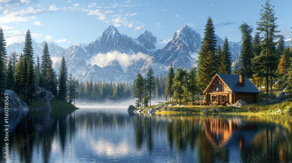 Naklejka premium A cabin is situated on a lake surrounded by mountains. Generative AI