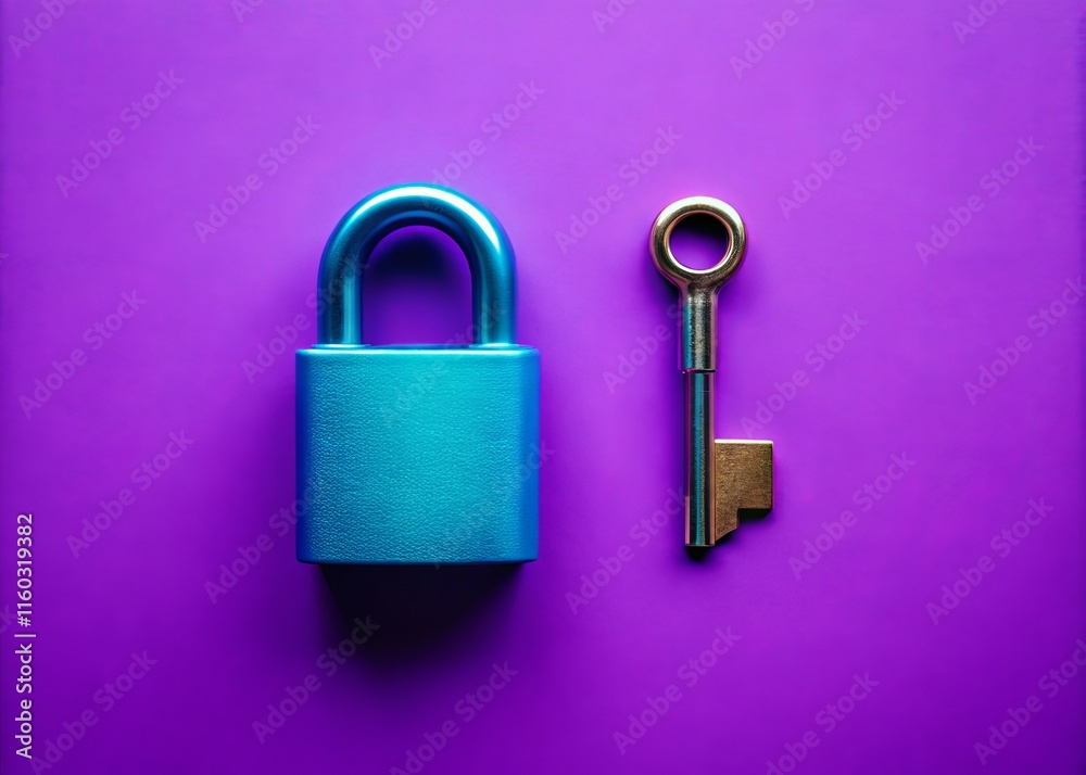 Minimalist Lock Key Top View Purple Blue Background - Security Concept Image