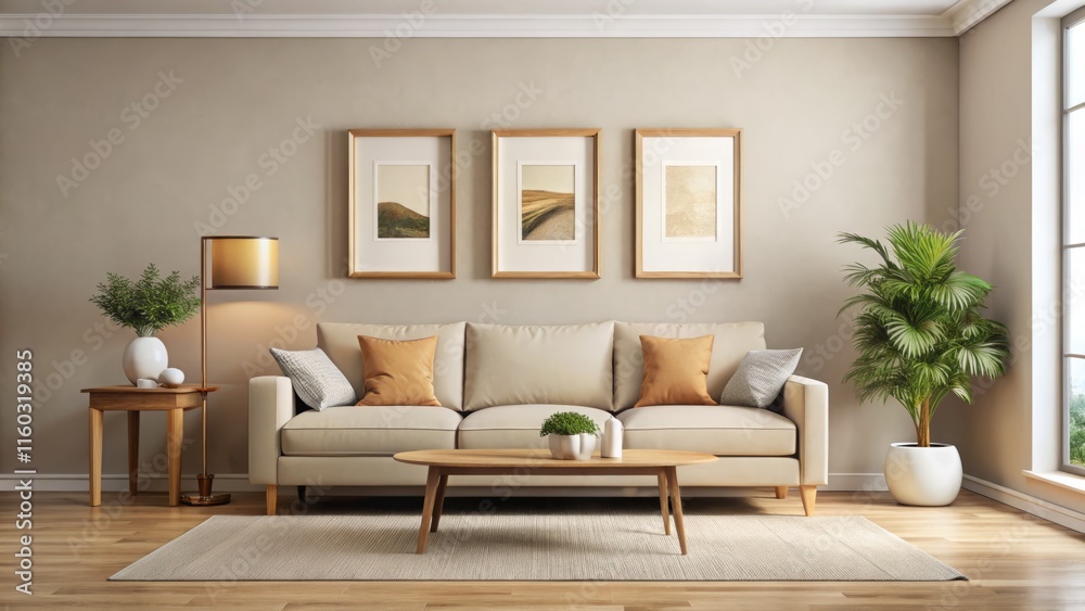 Fototapeta premium Minimalist Living Room Design: Beige Sofa & Empty Frames - Eye Level Photography
