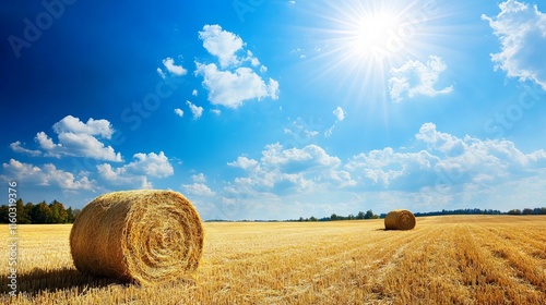 Sunlit golden hay bales stacked neatly in an open rural field under a clear blue sky on a bright sunny day