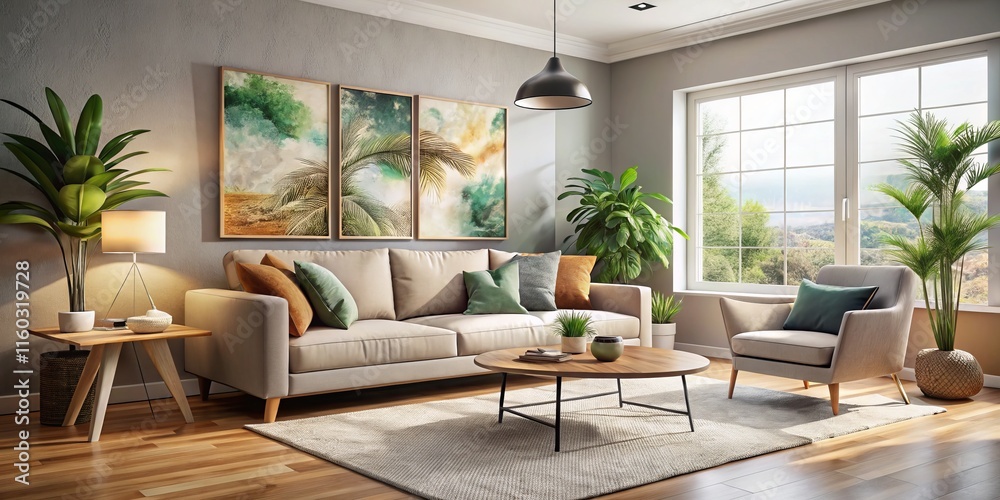 Fototapeta premium Modern Living Room Design Ideas: Eye-Level Shot of Stylish Interiors, Cozy Furniture & Decor