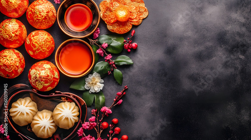 Traditional Oriental Tea Ceremony Setting with Oranges Floral Elements and Dim Sum : Generative AI