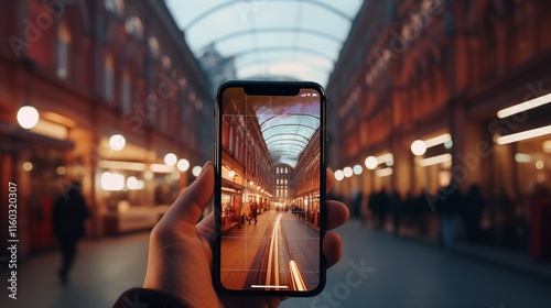 A person holding a phone with augmented reality app, golden hour lighting, empty space on the right side,generative ai illustration