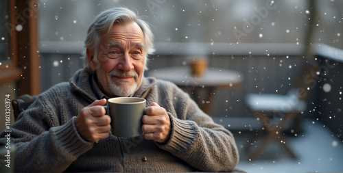A grandfather is sitting comfortably on a terrace during winter, drinking a hot cup of tea