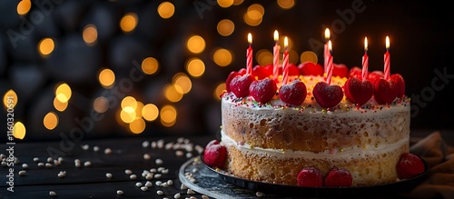 Heart-decorated birthday cake with candles, dark backdrop with bokeh lights, perfect for poster designs with space for text.