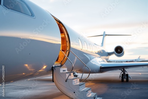 Private jet with an open door and stairs at sunset, metallic exterior reflecting light, on an airport runway. Concept of luxury air travel. Ai generative