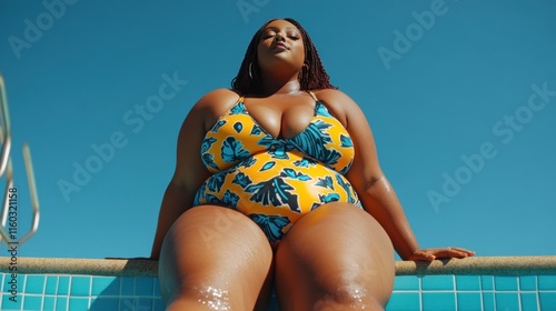 A bold Black transgender woman with a chubby figure, posing on pool steps in a striking patterned swimsuit, her visible cellulite celebrated under the clear blue sky. photo