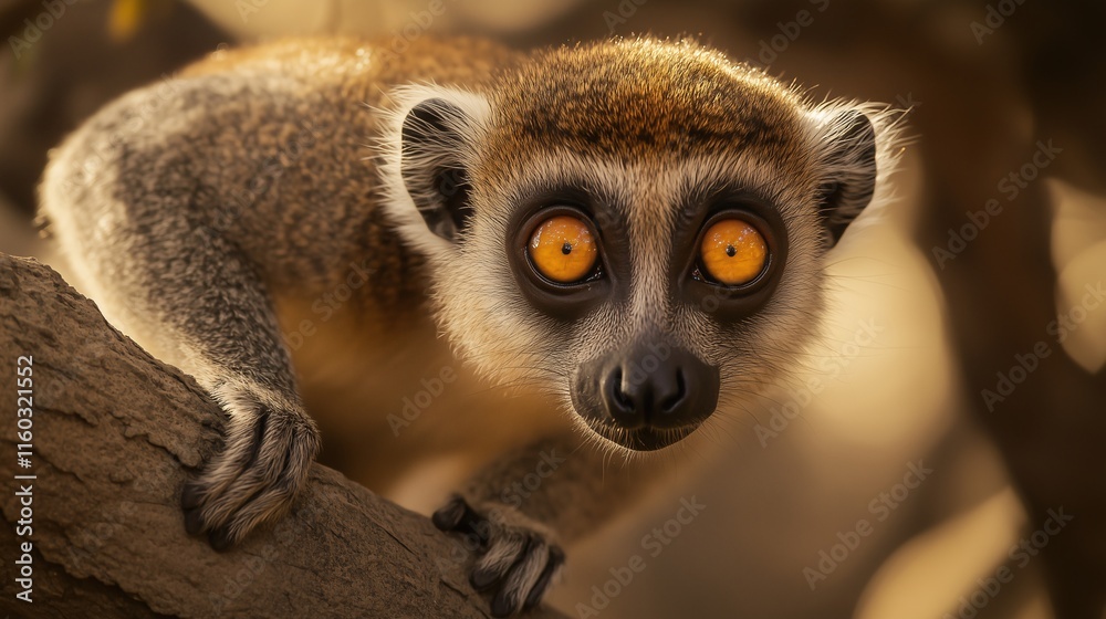 Obraz premium Wide-eyed lemur perched on a branch in soft light, displaying its vibrant orange eyes and expressive face.