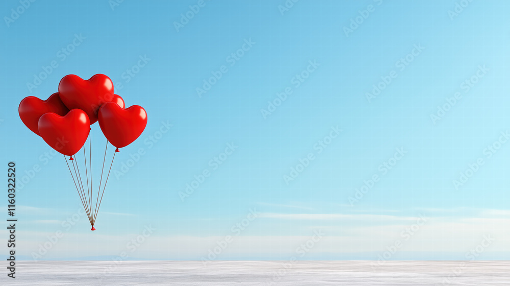 Fototapeta premium Red heart shaped balloons floating in clear blue sky create joyful scene