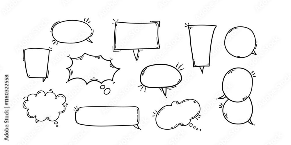 Fototapeta premium Line Art Speech Bubble Set, Funky Dialog Box Pack, Hand Drawn comic Speech bubble set,