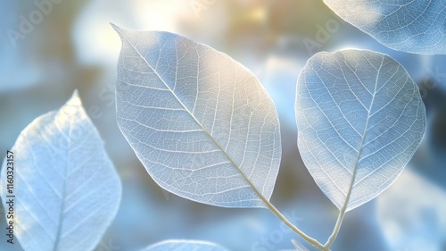 Delicate translucent leaves backlit by soft sunlight