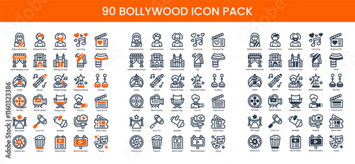 90 Bollywood Icons in 3 Styles (Line, Solid, Two-Tone), Featuring Bollywood Actor, Gateway of India, Indian Wedding Scene, and More – Vector Illustrations