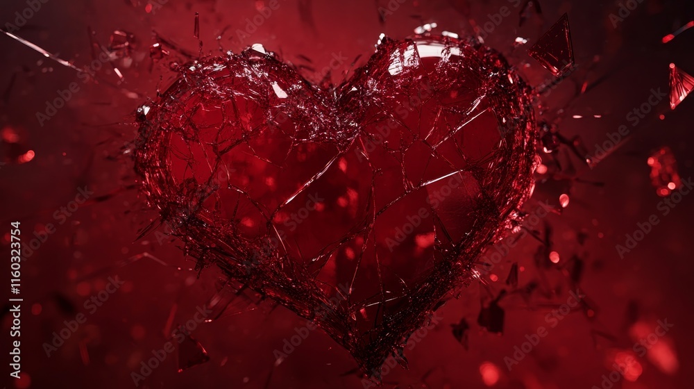 A shattered red heart symbolizing broken emotions or love. A shattered red heart symbolizing broken emotions or love.