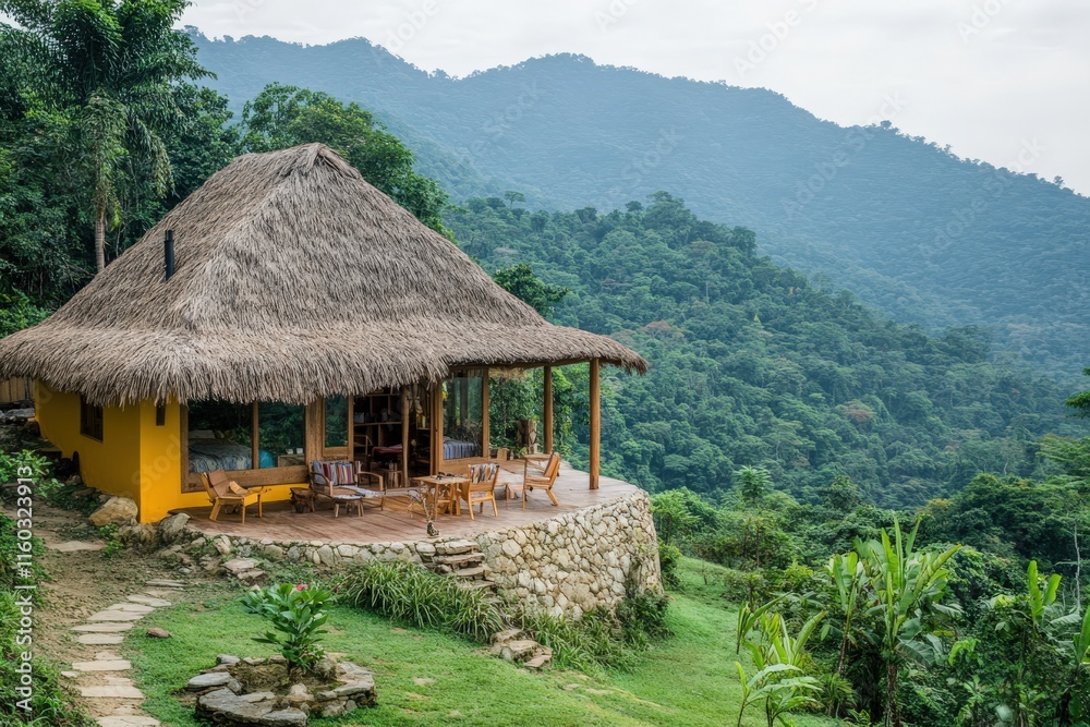 A cozy, thatched-roof cabin nestled in lush greenery, surrounded by mountains, offering a serene escape into nature. A cozy, thatched-roof cabin nestled in lush greenery, surrounded by mountains, offering a serene escape into nature.