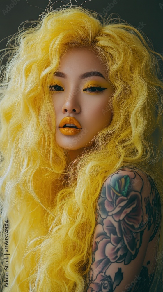 Fototapeta premium A confident Asian woman with long curly yellow hair, yellow lips, soft light makeup, and bold tattoos. She exudes elegance in a vibrant yellow photoshoot, showcasing her natural beauty.