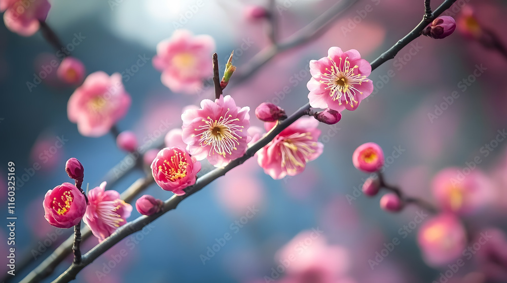 Close-up of Pink Cherry Blossoms in Full Bloom Against Soft Sky : Generative AI Close-up of Pink Cherry Blossoms in Full Bloom Against Soft Sky : Generative AI
